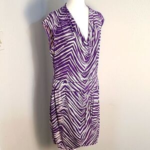 BCBGMaxazria Purple & White Stripe Dress, Cowl Neckline & Wrap Skirt, Size Large